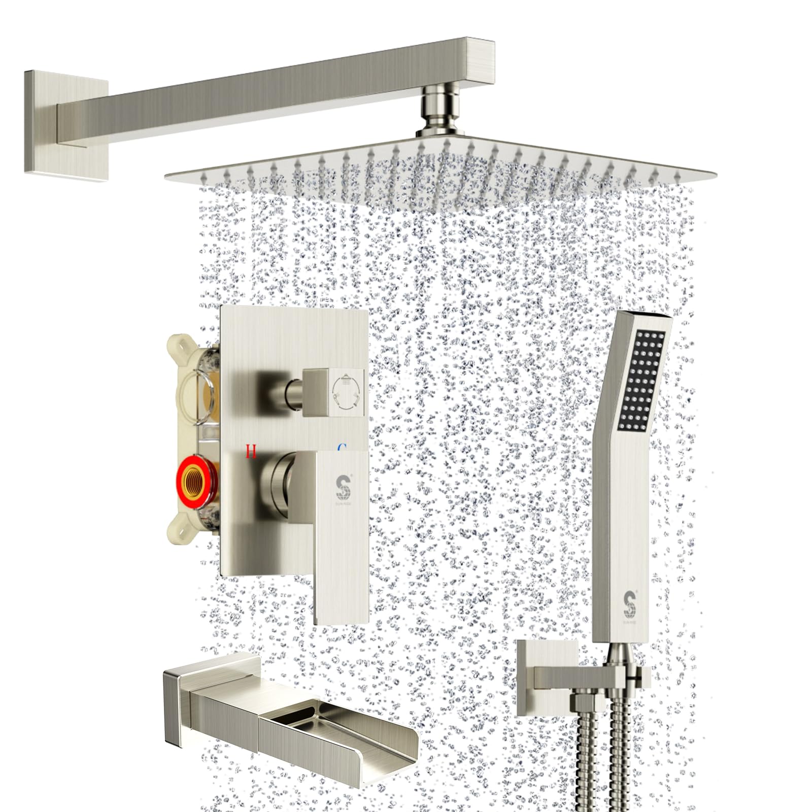Photo 1 of SR SUN RISE 10 Inches All Metal Bathtub Faucet Set Shower System with Tub Spout Square Rain Shower Head and Handheld Combo Shower Fixtures, Modern Valve and Trim Kit, Brushed Nickel