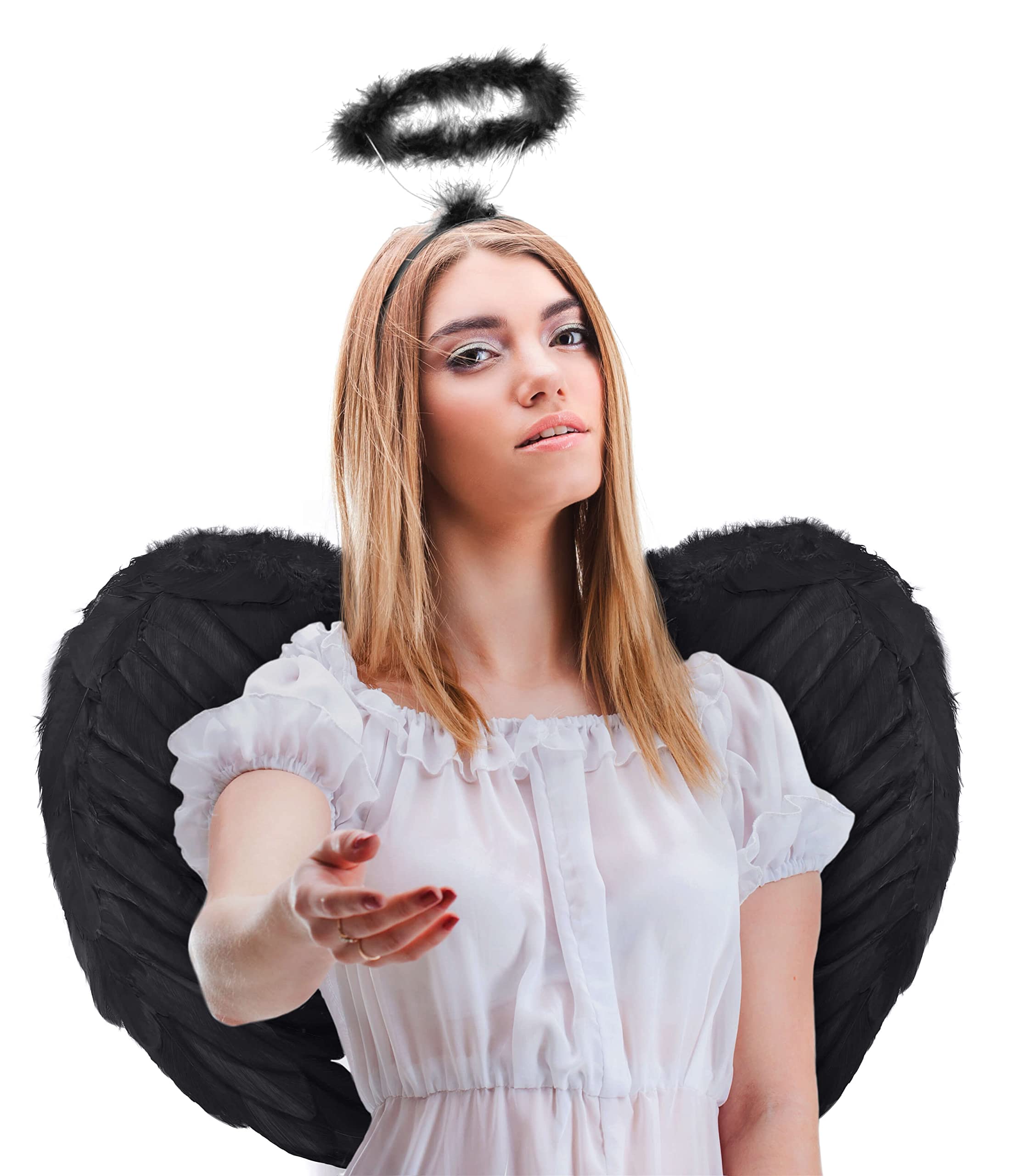 Balinco Set with angel wings + angel headband | angel wings | hairband | angel wings | cupid | feather wings | Christ child as accessory for ladies costume Halloween | carnival | theme party (black)