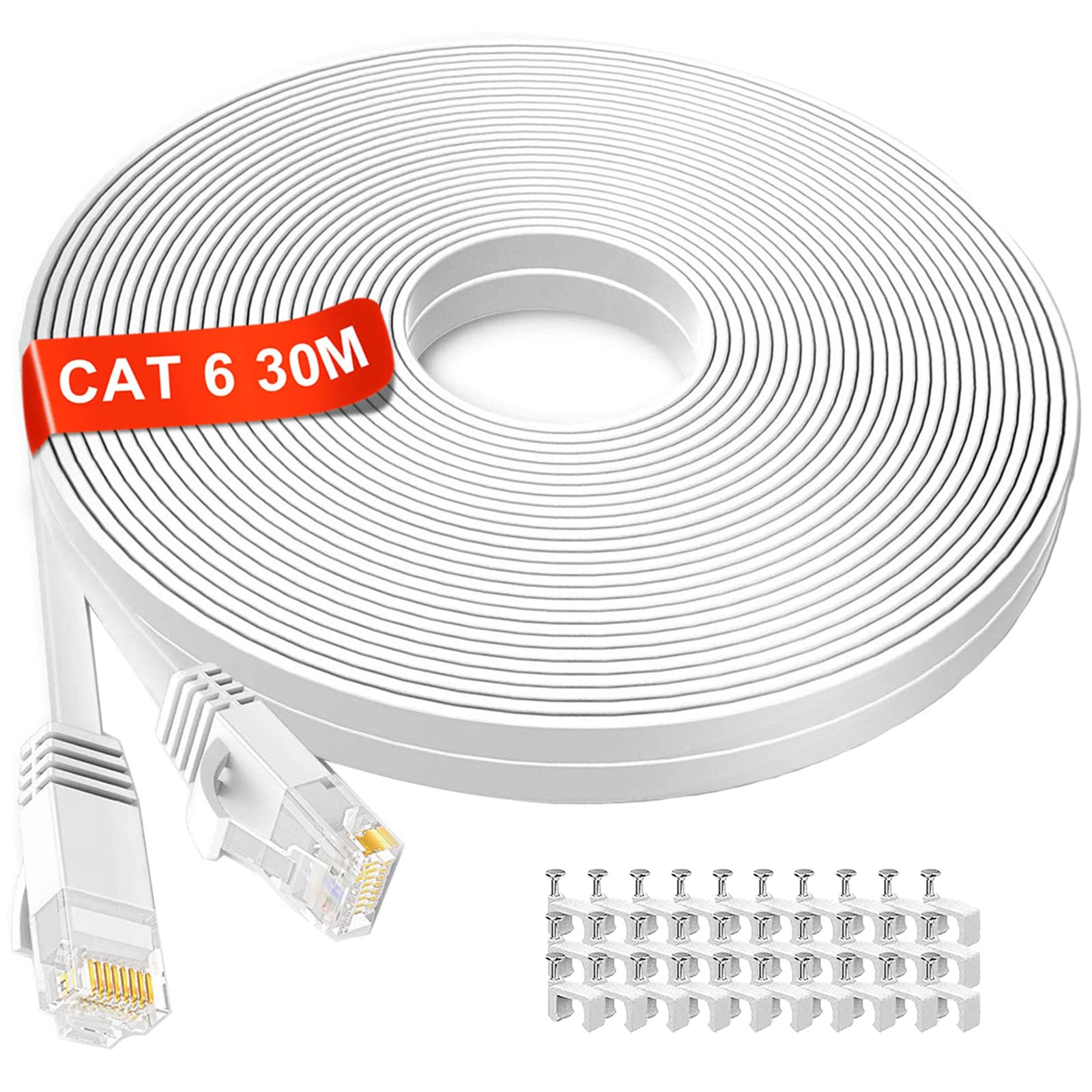 Cat 6 Internet Cable 30m, Long Ethernet Cable 30m High Speed 250MHz 1000Mbps, Pure Copper Core Flat Gigabit RJ45 Network LAN Cable, Outdoor & Indoor Broadband Patch Cord for Router Modem (30 Clips) — image 1