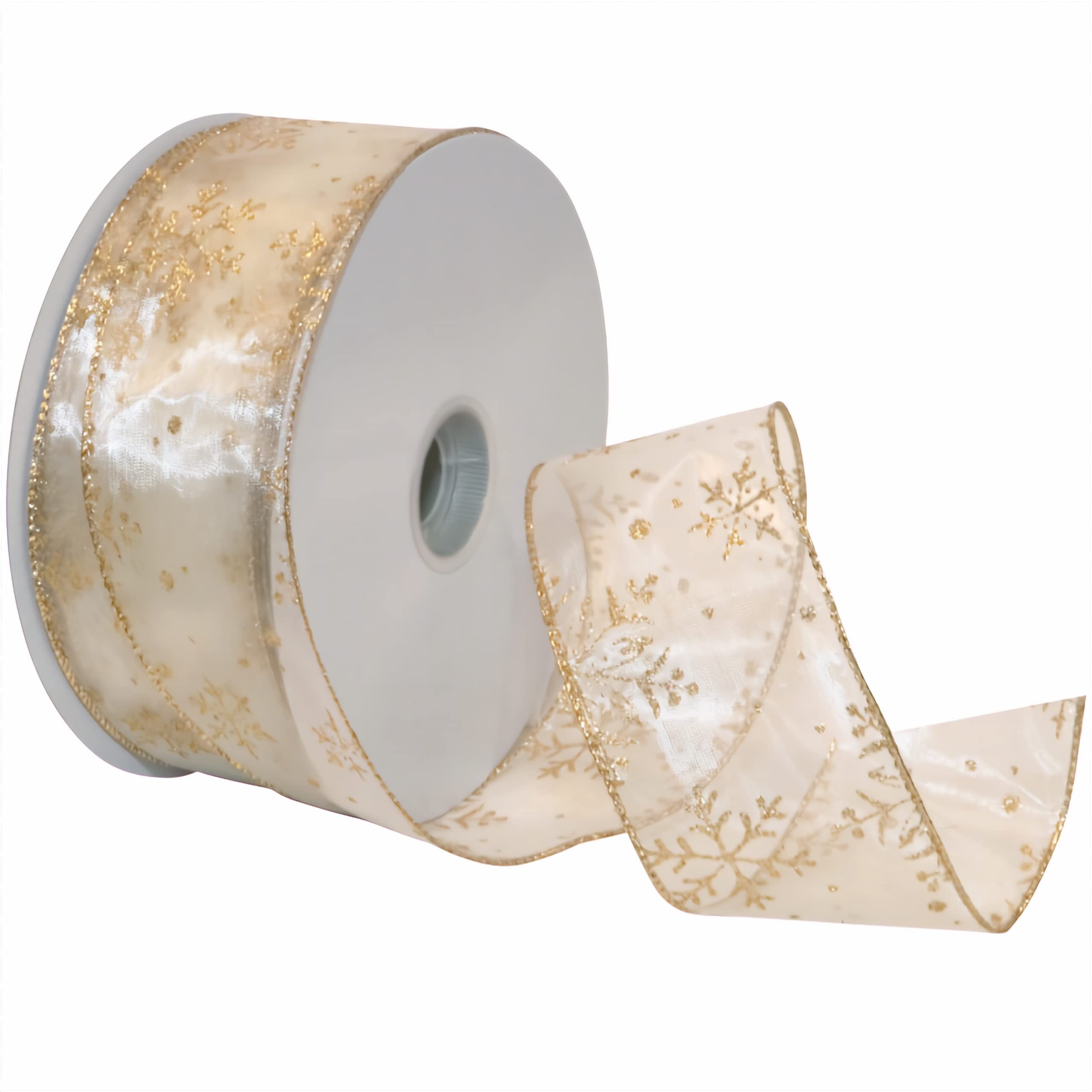 Photo 1 of Morex Snowflake 2.5" X 50 YD Nylon Sheer Wired Glitter Ribbon in Ivory/Gold