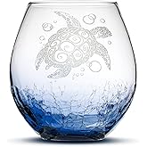 Integrity Bottles Tribal Sea Turtle Design Stemless Wine Glass, Handmade, Handblown, Hand Etched Gifts, Sand Carved, 18oz (Crackle Blue)