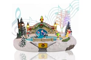Vigdur Christmas Snow Village - Animated Christmas Village Skating Pond with Colorful Lights & 8 Xmas Music, Rotating Skier, USB&Battery Powered Christma Collectible Buildings for Home