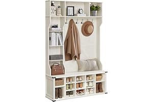 VASAGLE Hall Tree with Bench and Shoe Storage, Coat Rack with Shoe Bench, Entryway Furniture, 20 Open Compartments, 6 Tri-Hooks, Farmfouse Style, Space Saving, Rustic White UHSR440W01