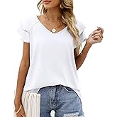 OFEEFAN Womens Summer Tops Ruffle Short Sleeve V Neck T-Shirts Casual Loose Fit