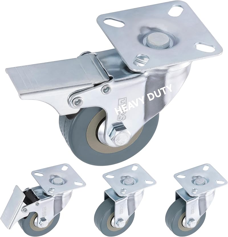 H&S Heavy Duty Castor Wheels Set of 4 50mm Rubber Swivel with Brakes