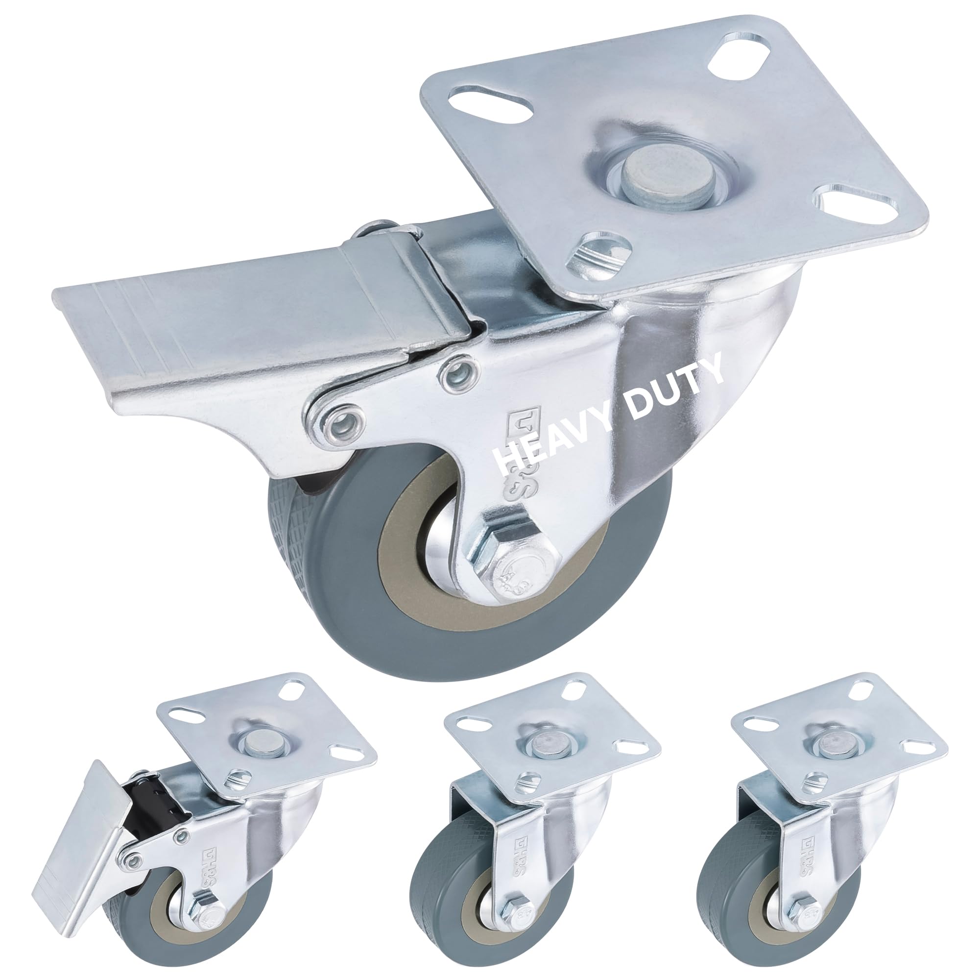 H&S Heavy Duty Castor Wheels - Set of 4 50mm (2") Castors - Rubber Swivel Trolley Wheels for Furniture - Lockable Caster With Brakes - Outdoor Casters - Wheel for Appliance or Bed