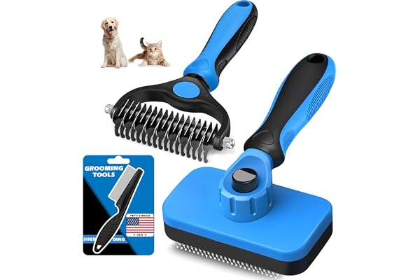 Professional 3PCS Self Cleaning Slicker Brush & Pet Grooming Rake & Flea Comb for Dogs,Cats and Horses | Double-Sided Dematti