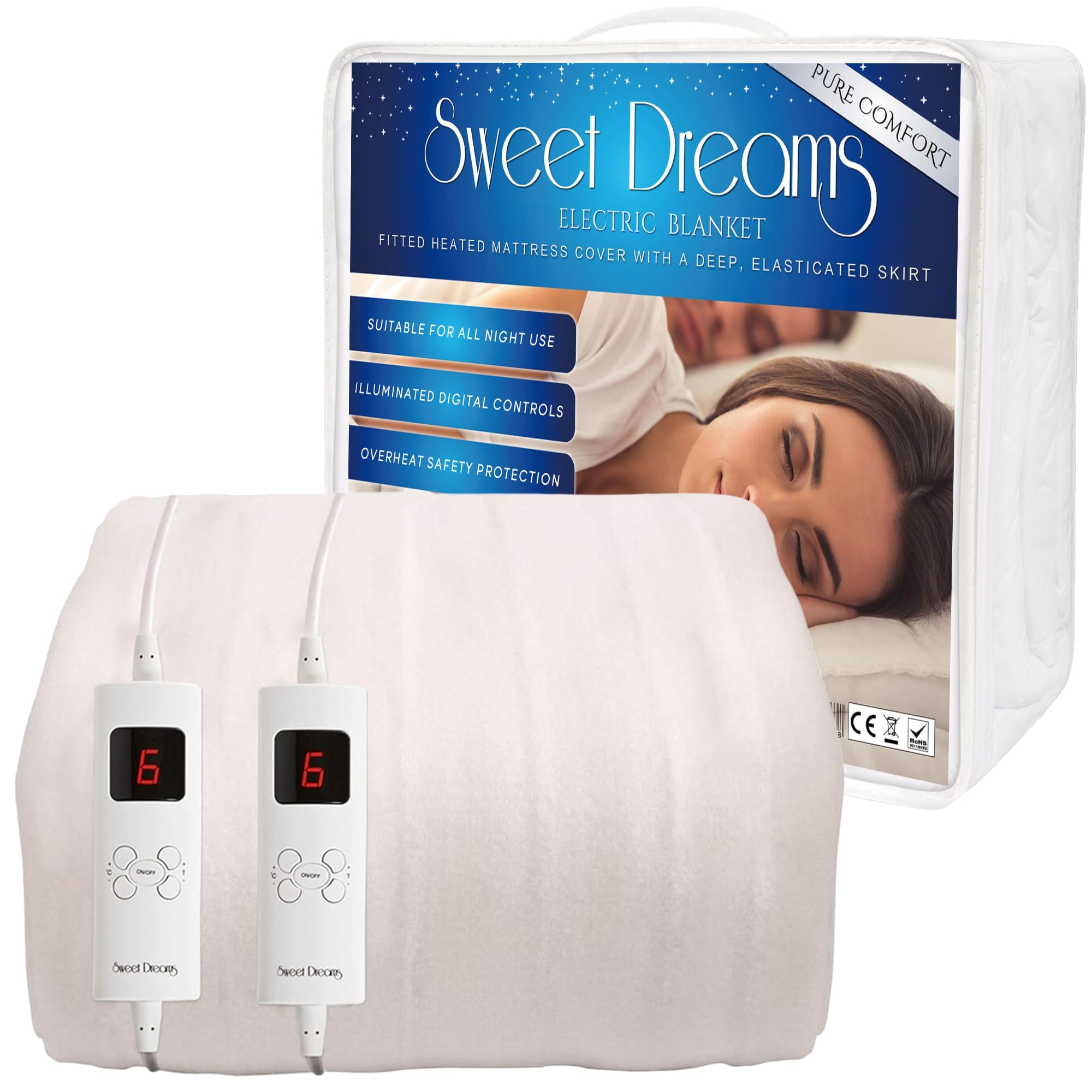 Sweet Dreams Electric Blanket Double Bed Size with Dual Controls, 137 x 193 x 40cm - Fully Fitted Heated Mattress Cover Underblanket with Elasticated Skirt, Overheat Protection (Double)
