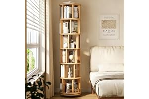 YGWBGA 6-Tier Rotating Bookshelf for Small Space, 360° Spinning Bookshelf Tower with Wheels, Wood Revolving Bookcase, Tall Co