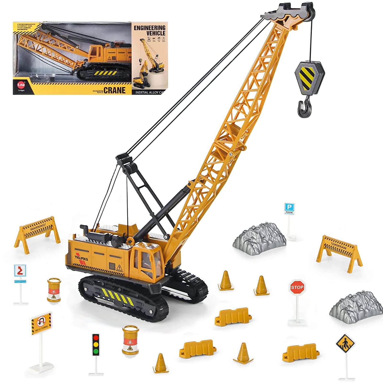 Coolplay Crane Toy Sandbox Truck with Road Sign Set for Kids, 1:55 Construction Truck Toy Vehicle for Boys 3 Years Old