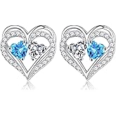 Personals Holder MOOSEA Birthstone Earrings for Women - 925 Sterling Silver March Birthstone 4MM Heart Cut Moissanite Earrings Jewelry 14K White Gold Plated Blue Stud Earring
