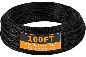 UYENSEOY T316 Black 3/16" Stainless Steel Cable 100ft Wire Rope 7X19 Strands Braided Aircraft Cable 3700lbs Breaking Strength Steel Cable for Deck Railing, Fence, Lifting, Yard Zipline, DIY Balustrade