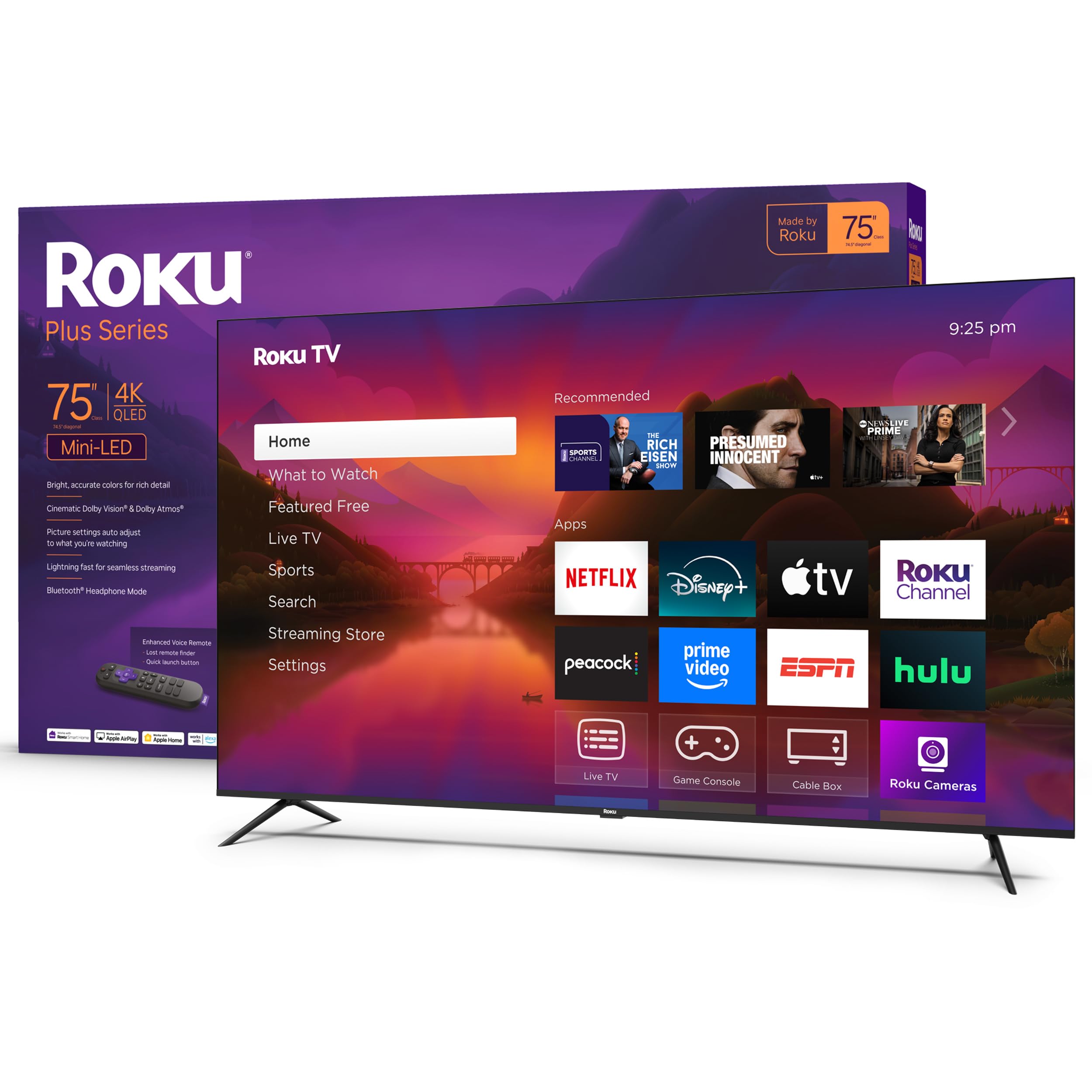 Photo 1 of ****BROKEN TELEVISION PARTS ONLY*** Roku Smart TV 2025 – 75-Inch Plus Series, Mini-LED TV – RokuTV with Enhanced Voice Remote – Flat Screen 4K QLED Television with Dolby Vision & Wi-Fi for Streaming Live Local News, Sports