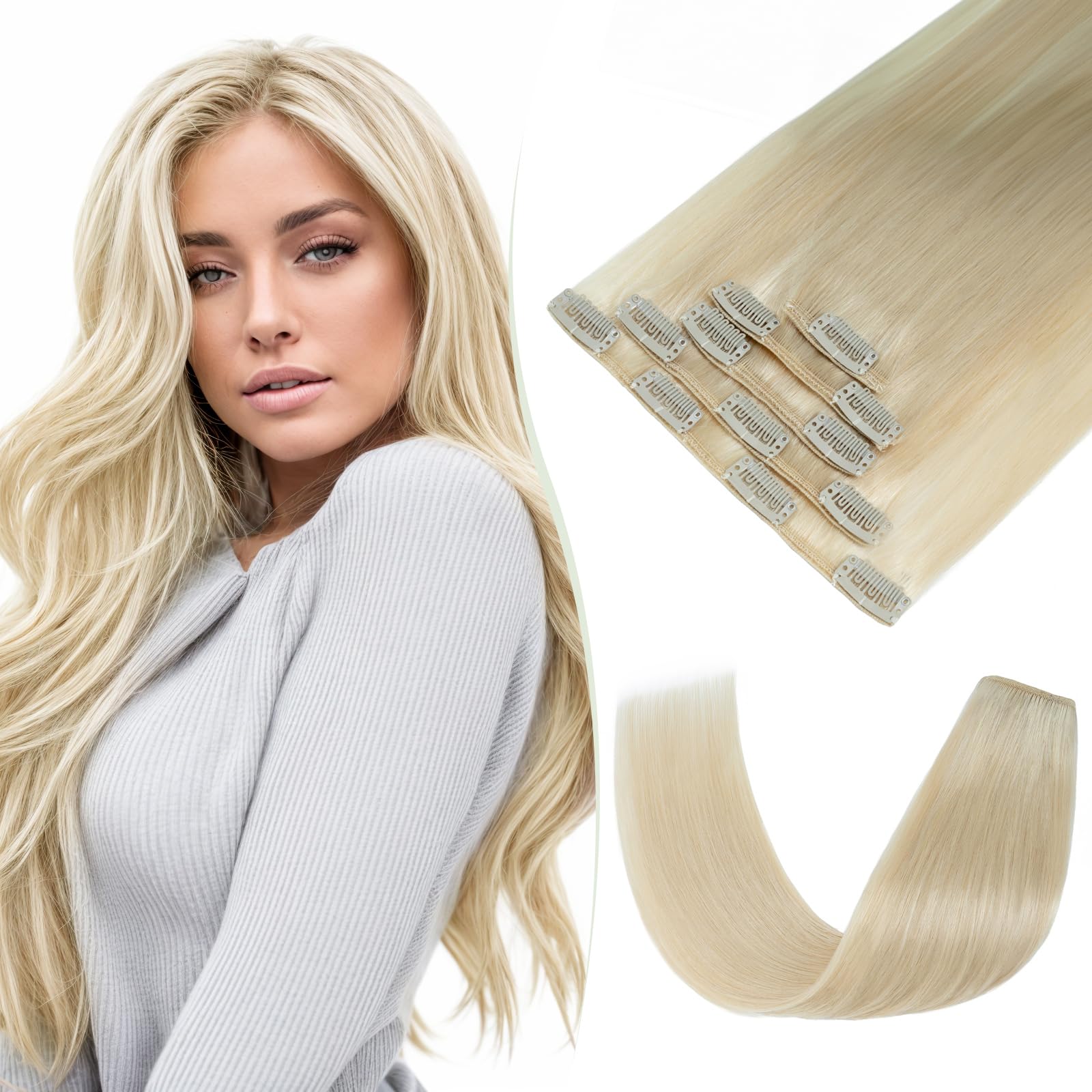 TESS Human Hair Extensions Clip in Real Hair Blonde Remy 5 Pieces Straight Natural Hairpieces for Women/Girls (#60 Platinum Blonde, 18 Inch 70g) — image 1