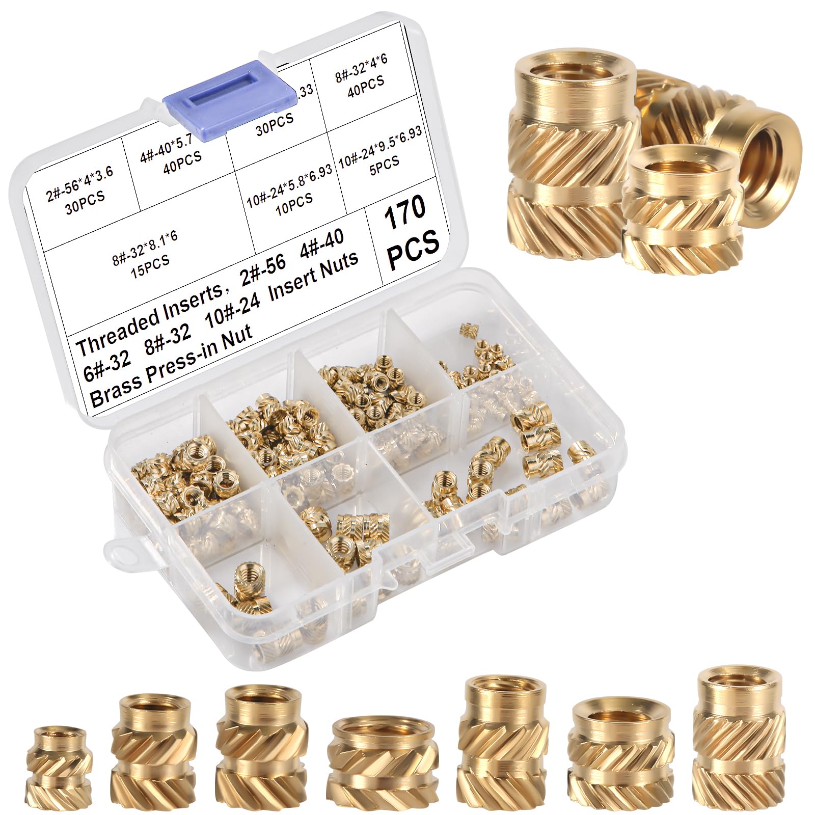 PEUTIER 170pcs Female Thread Knurled Brass Nuts (2-56, 4-40, 6-32, 8-32, 10-24) for 3D Printing & Injection Molding
