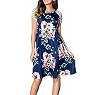 HOTAPEI Women's Floral Print Casual Short Sleeve A-line Loose T-Shirt Dresses Knee Length