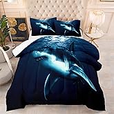 NINENINE Boys Blue Shark Queen Size Bedding Sets for Teens Kids, Navy Blue Comforter Set Fish Ocean Bed Set-Includes 1 Comforter with Matching Pillowcases