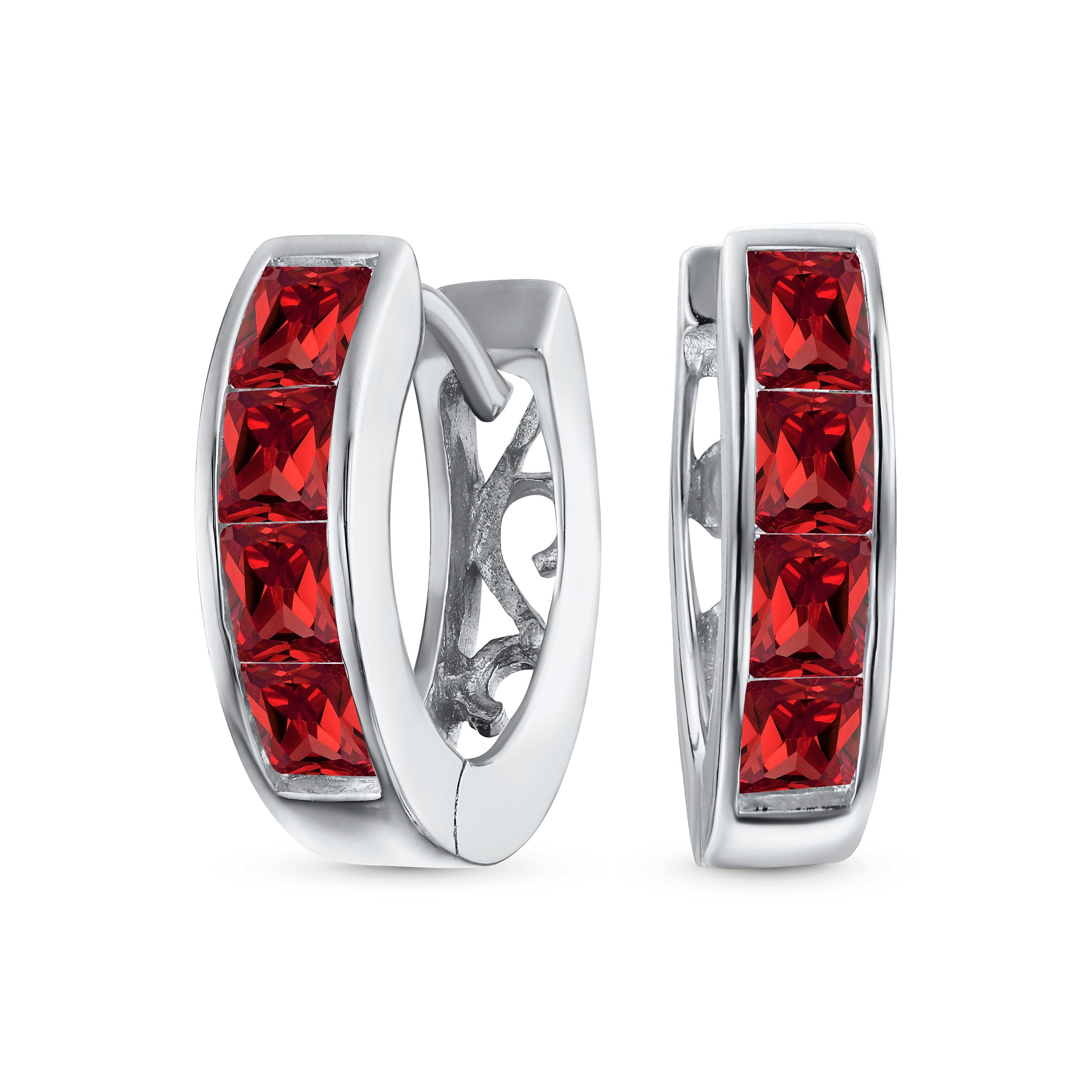 Tiny Small Square Princess Cut Simulated Ruby Red CZ Channel Set K-pop Huggie Hoop Earrings For Women Men Cubic Zirconia .925 Sterling Silver