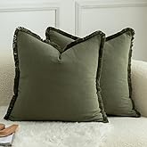 MANDIOO Set of 2 Neutral Cotton Fringe Throw Pillow Covers Decorative Boho Farmhouse Cushion Covers Cozy Tassels Pillowcase for Couch Sofa Bedroom Living Room Home Decor 16x16 Inch Olive Green