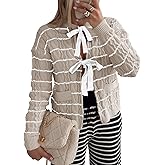 Saodimallsu Womens Striped Tie Front Cardigan Sweaters Crew Neck Long Sleeve Cable Knit Bow Knot Trendy Sweater Tops