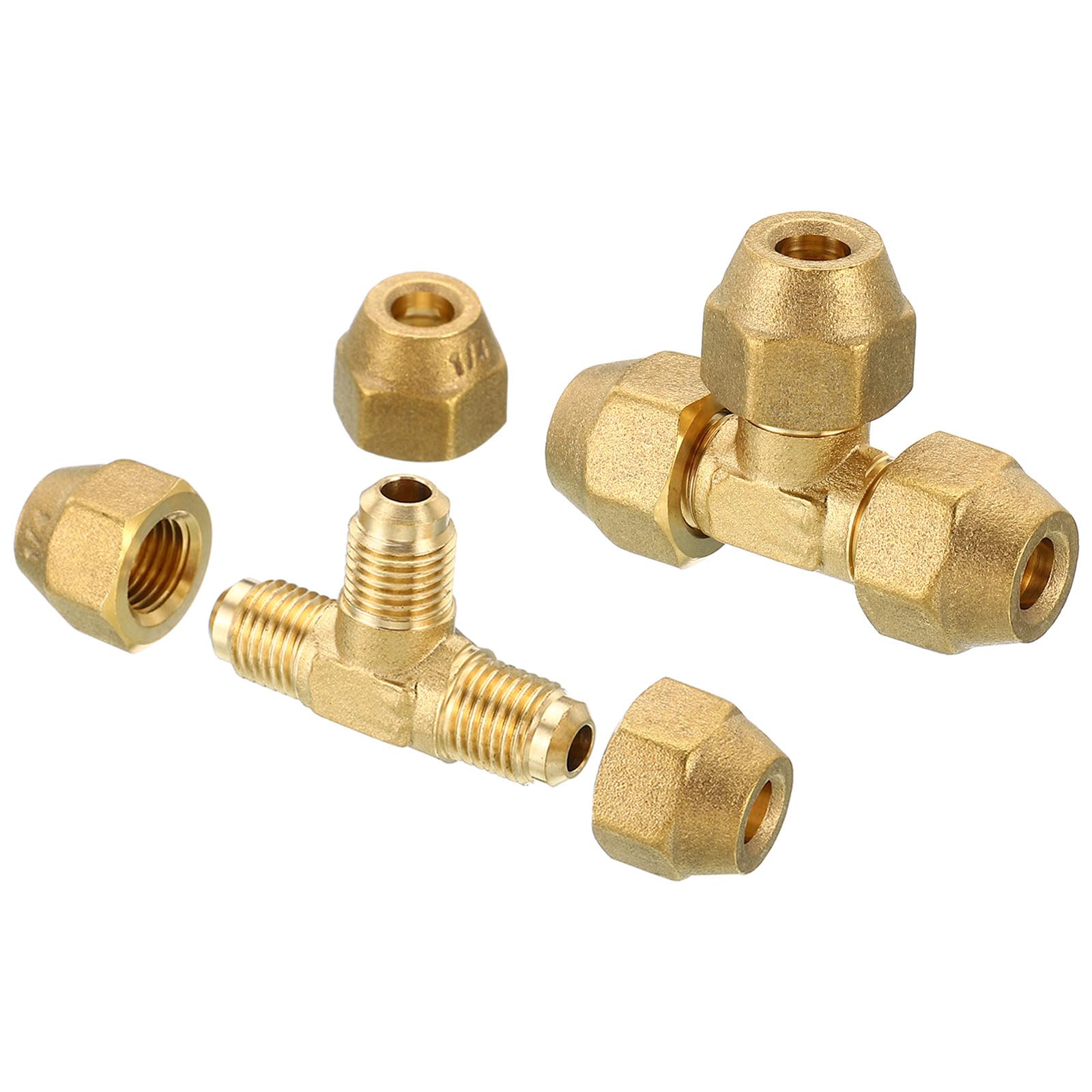 PATIKIL 1/4" x 1/4" x 1/4" Brass Pipe Fitting, 2 Pack Flare Tee Tube Fitting Pipe Adapter Connector with Nut for Air Conditioner Refrigeration Plumbing