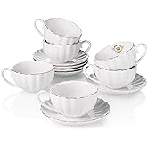 Amazingware Royal Tea Cups and Saucers, with Gold Trim and Gift Box, British Coffee Cups, Tea Cup Set, Porcelain Tea Set, Cappuccino Cups, Latte Cups, Set of 6 (8 oz)- White