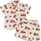 SHUING Toddler Baby Boy Valentines Day Outfit Cotton Linen Truck Print Short Sleeve T-Shirt Shorts 2pcs Infant Summer Clothes