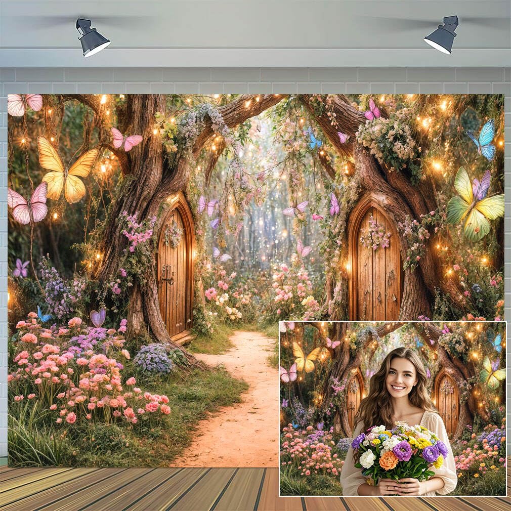 Photo 1 of 10X8ft Enchanted Forest Backdrop Fairy Tale Magic Garden Wonderland Floral Butterfly Photography Background for Kids Girls Baby Shower Birthday Party Decoration Cake Table Photo Booth Props