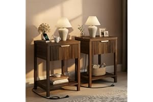 Lulive Night Stand Set 2, Fluted Nightstand with Charging Station, Wood Modern Bedside End Table with Storage Drawer for Bedr