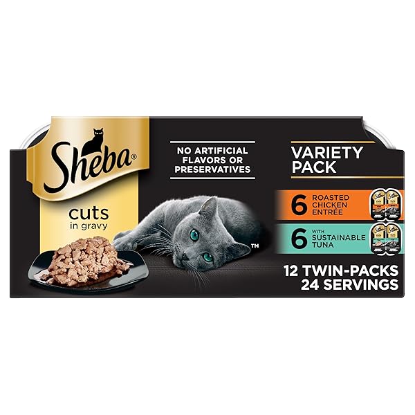 SHEBA PERFECT PORTIONS WET CAT FOOD CUTS IN GRAVY, ROASTED CHICKEN ENTREE AND WITH SUSTAINABLE TUNA, 2.6 OZ. TWIN-PACK TRAYS (12 COUNT, 24 SERVINGS)