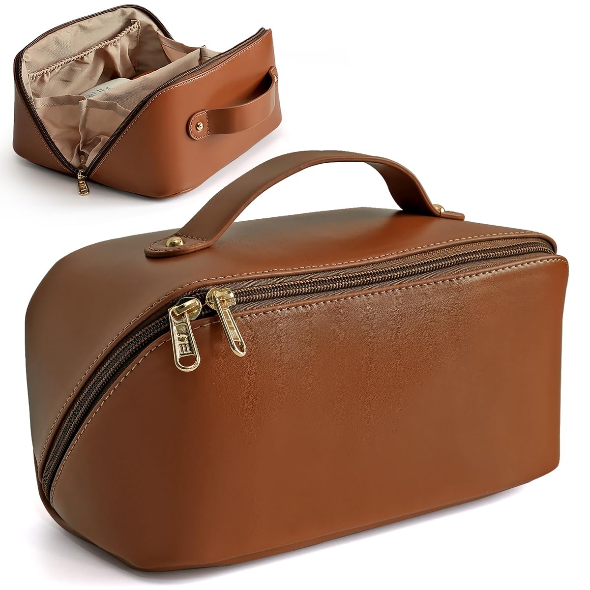 MAMUNU Large Capacity Cosmetic Travel Makeup Storage Bag with Handle Portable Zipper Cosmetic Toiletry Makeup Bag Large with Compartments for Women Girls (Brown) — image 1