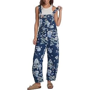 YEXPINE Womens Denim Overall Casual Straight Wide Leg Adjustable Strap Floral Print Jean Bib Jumpsuit with Pockets