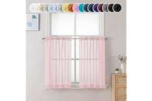 Chyhomenyc Blush Pink Sheer Curtains 30 inch Length 2 Panels, Light Filtering Voile Rod Pocket Short Window Curtians for Bathroom Living Room Farmhouse Small Windows, 42Wx30L inches
