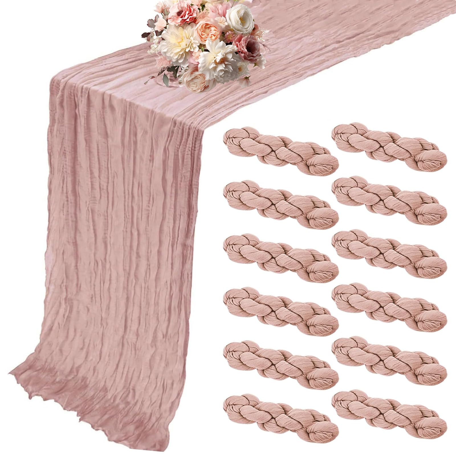 Photo 1 of 12 Pack Dusty Pink Cheesecloth Table Runner 10 FT Boho Gauze Cheese Cloth Table Runner 120 Inch Long Semi Sheer Rustic Cheese Cloth Fabric Table Runners for Wedding Birthday Party Decorations