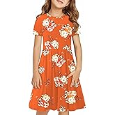 KYMIDY Girls Short Sleeve Floral Dress Kids Boho Casual Twirly Skater Dress with Pockets for Girls 6-13 Years