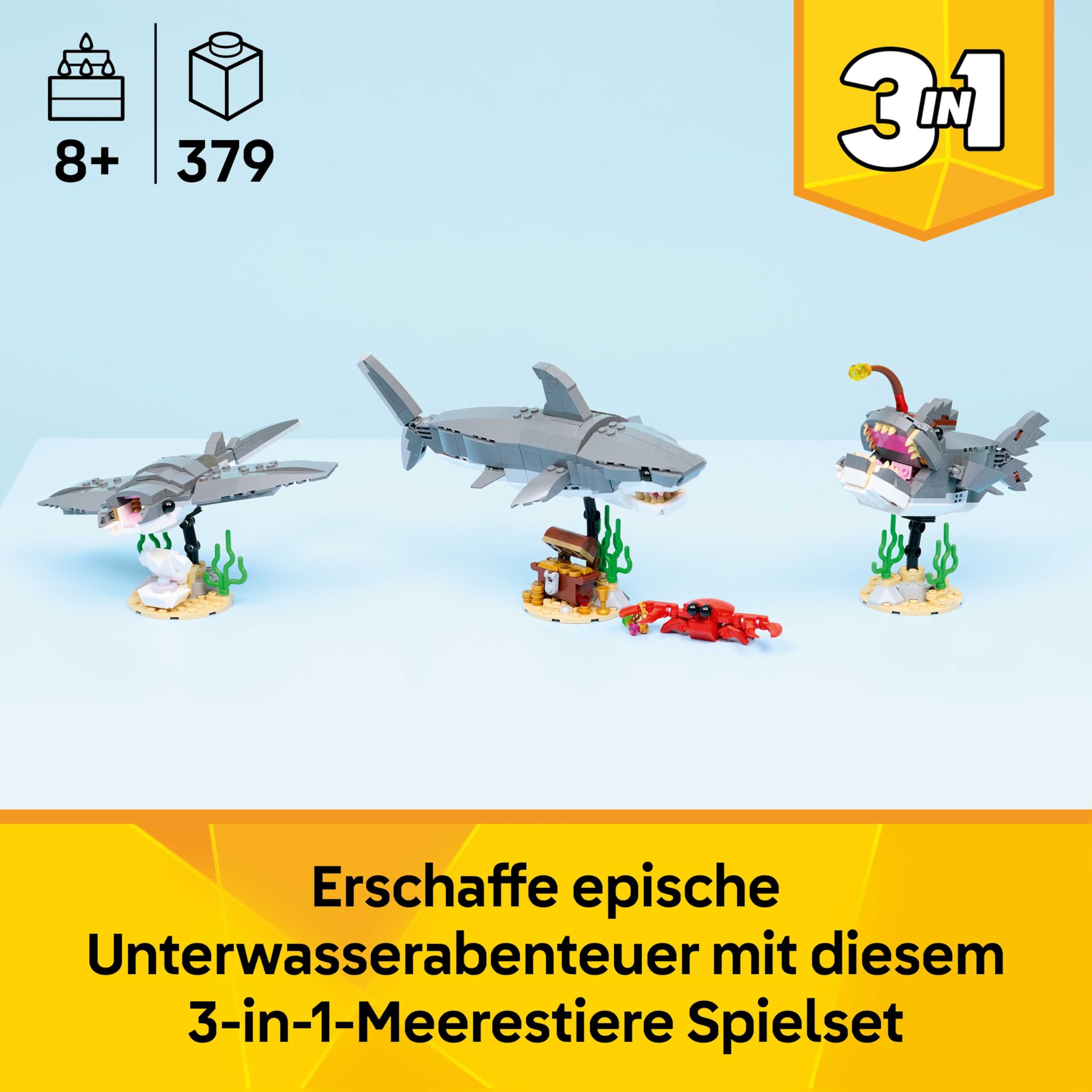 LEGO Creator 3-in-1-Set Wilder Hai mit Schatztruhe - Kreatives Spielzeug & Konstruktionsspielzeug - Meerestiere Bauset mit Hai Figur - Geschenk für Kinder ab 8 Jahren mit 3 Bauoptionen - 31381 2