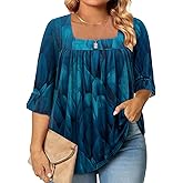 Siddhe Womens Plus Size Tops Loose Fit 3/4 Ruffle Sleeve Blouses Square Neck T Shirt Casual Tunic Tops(1X-5X)