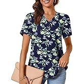 Anydeer Women's Tops Short Sleeve Chiffon Blouses Summer Henley Shirts Dressy Tunics Casual Button Tee