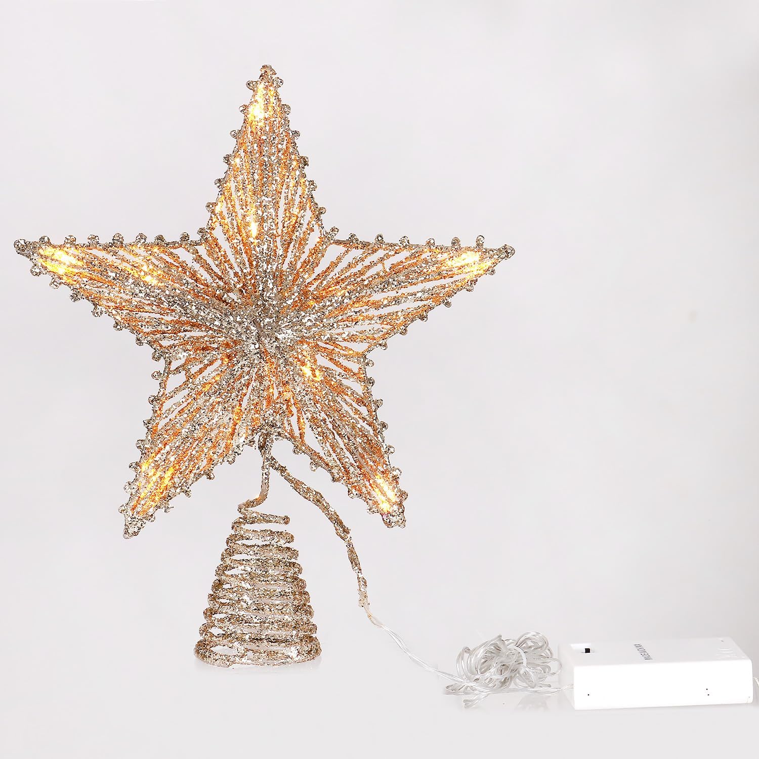 Tree Toppers - 3D Christmas Tree Topper Star, Hollowed-Out Glittered Metal Treetop Star - Timer Warm White LED 10-Lights (Three Functions), 8.5 X 10.5 Inch (Champagne)