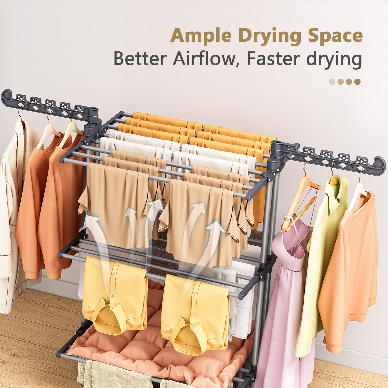 PurKeep Thicken & Durable Clothes Airer, Extra Large 4-Tier Capacity Foldable Clothes Drying Rack with Wheels, Stainless Steel Clothes Horse for Indoor/Outdoor Use in Bedroom, Laundry Room