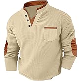 Mrmaere Waffle Knit Henley Sweatshirts for Men Fall Winter Long Sleeve Notch V Neck Pullover Thermal Shirt with Elbow Patches