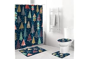 APROPHIC Christmas Tree Shower Curtain Set for Bathroom Decor, Non Slip Absorbent Rugs, U Shaped Bath Mat, Toilet Lid Cover, Xmas Winter Snowflake 4 Piece Bathroom Accessories with Hooks, Black