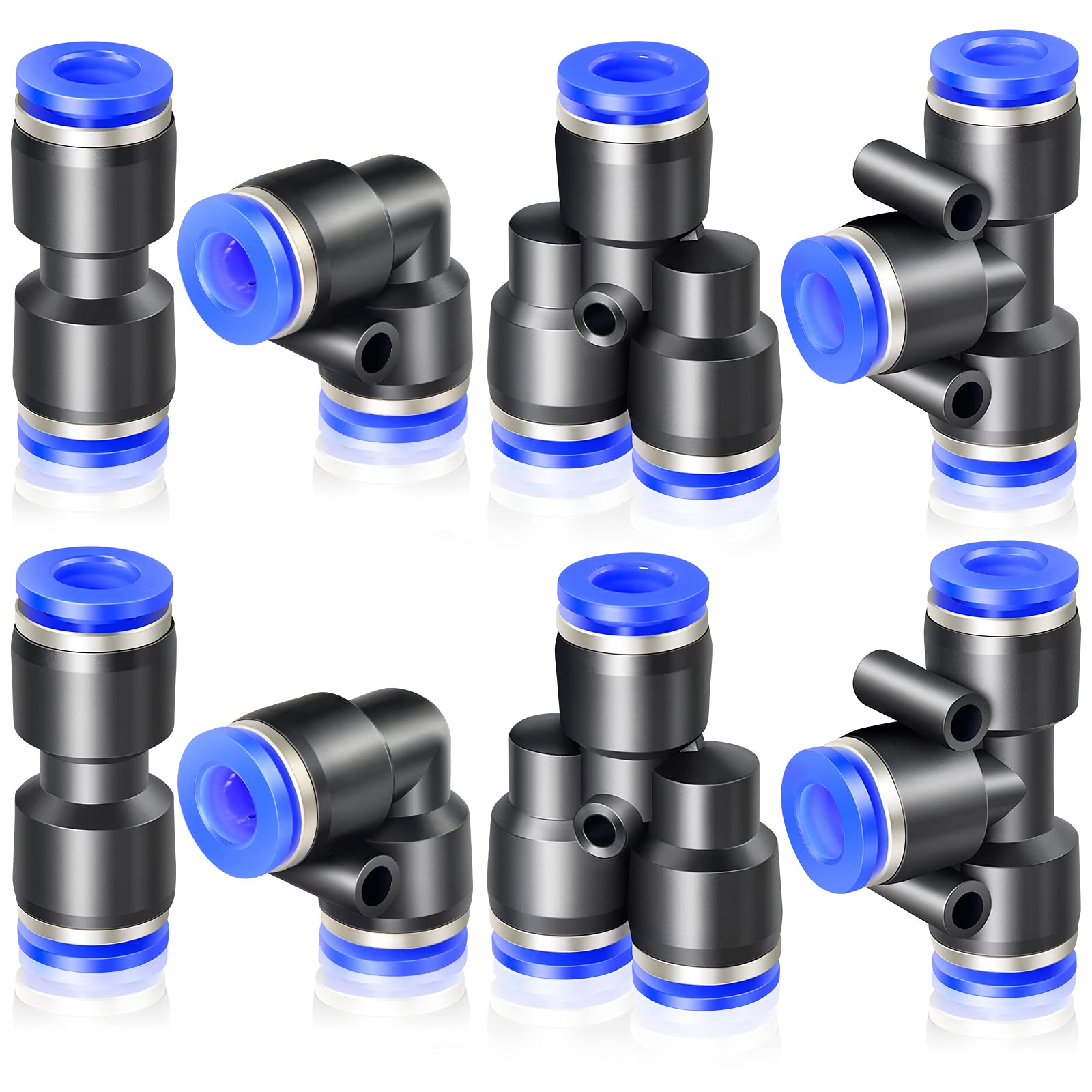 ERGAOBOY 8 Pcs 4MM Tube OD Push to Connect Fitting Kits, Blue 2 Straights 2 Elbows 2 Tee 2 Splitters Push Lock (PU4)