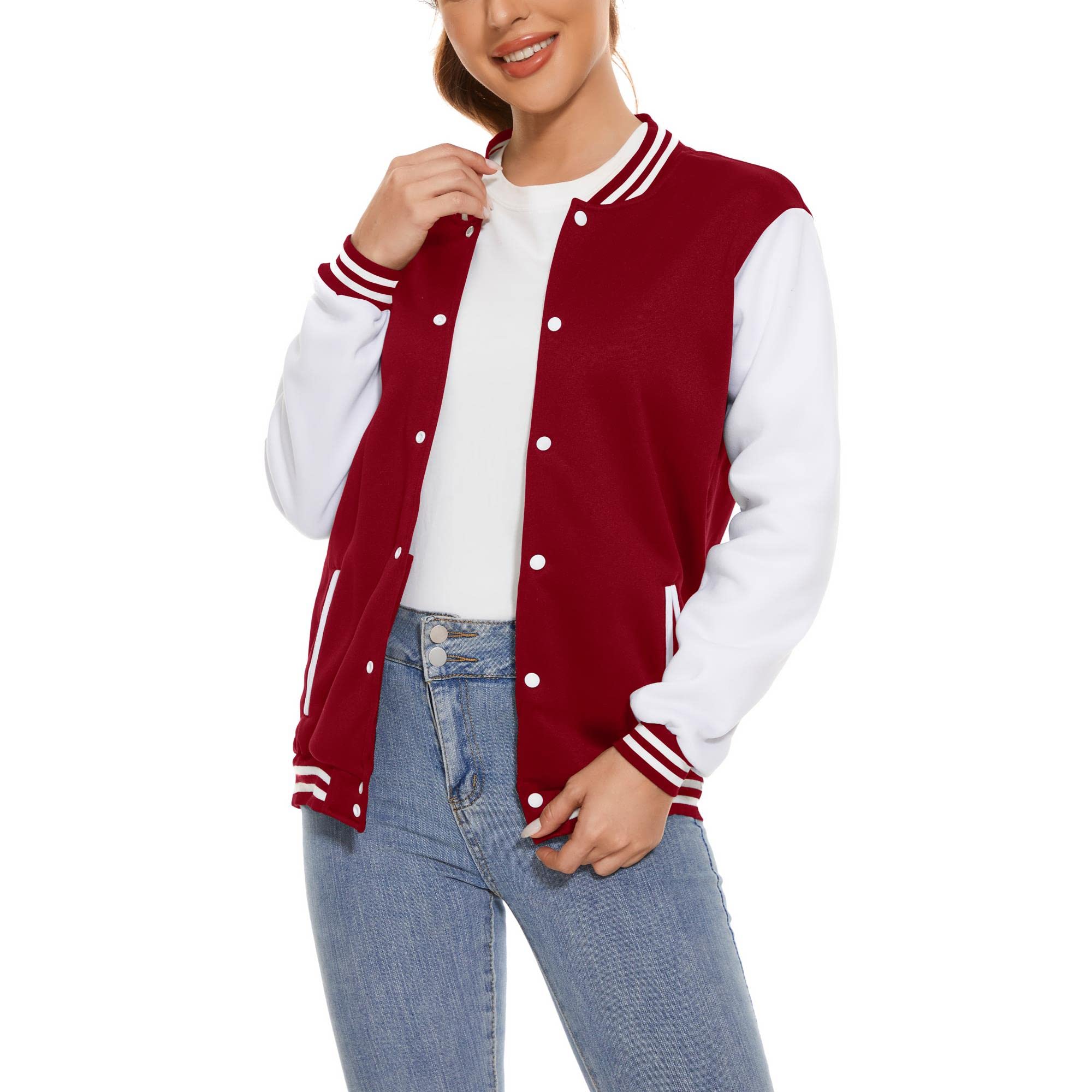 Photo 1 of Icibgds Varsity Jacket Women Men's Baseball School Uniform Button Up Unsex Adult Long Sleeve Coat Fashion Jacket (Red,S,Small)