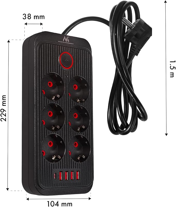 Régua de Energia MCE389/391 | 6 x 4xConectores USB 1xUSB-C 2500W | Cabo de Extensão de Secretária com Interruptor | Portas de 45° | Montagem de Parede (Preto, 1,5 m)