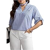 Floerns Women's Plus Size Striped Blouse Embroidery Notch Neck Half Sleeve Dressy Shirts