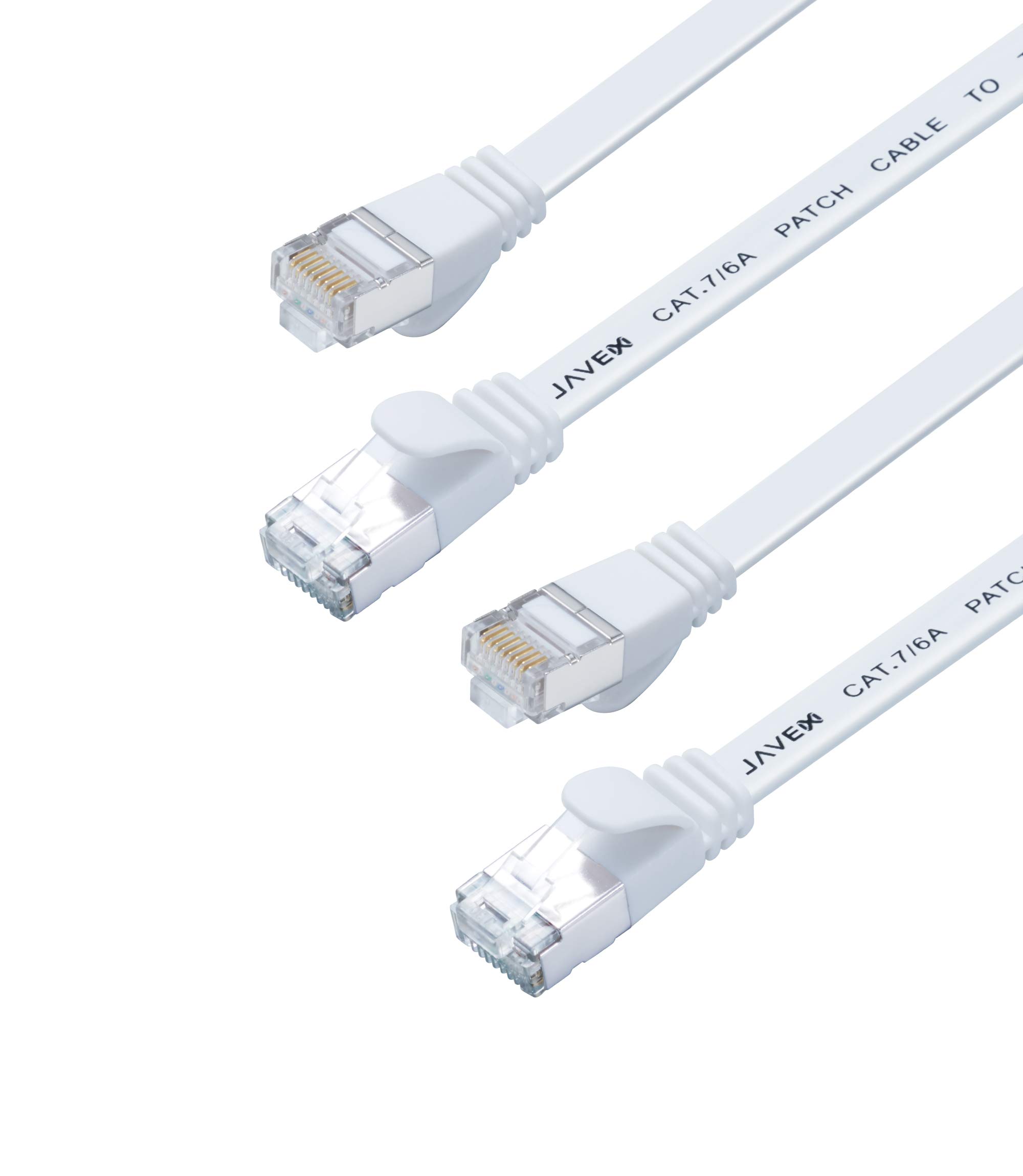 JAVEX CAT7 RJ45 [S/STP, 10GB] Network Ethernet Patch Cord [OFC] - Flat Cable, White, 2.1M/7FT [2-Pack]