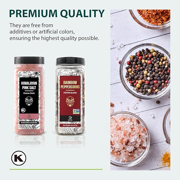 SOEOS HIMALAYAN PINK SALT AND RAINBOW PEPPERCORN GRINDER REFILLS, 18OZ SALT & 8OZ PEPPERCORNS, KOSHER SEASONING SET FOR COOKING