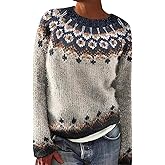 Fair Isle Sweater Women Fall Knitted Vintage Embroidered Sweaters Crewneck Stripes Long Sleeve Casual Boho Tops