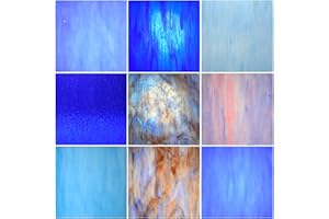Wecrejoni 9 Sheets Variety Stained Glass Sheets 6 X 6" Cathedral Art Glass Variety Mixed Textures Glass Sheets for Stained Glass Projects for Crafts (Blue)
